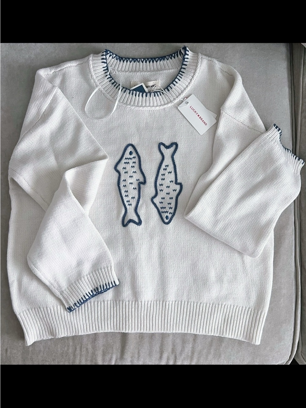 Lucky Brand White Sweater with Sardine Embroidery